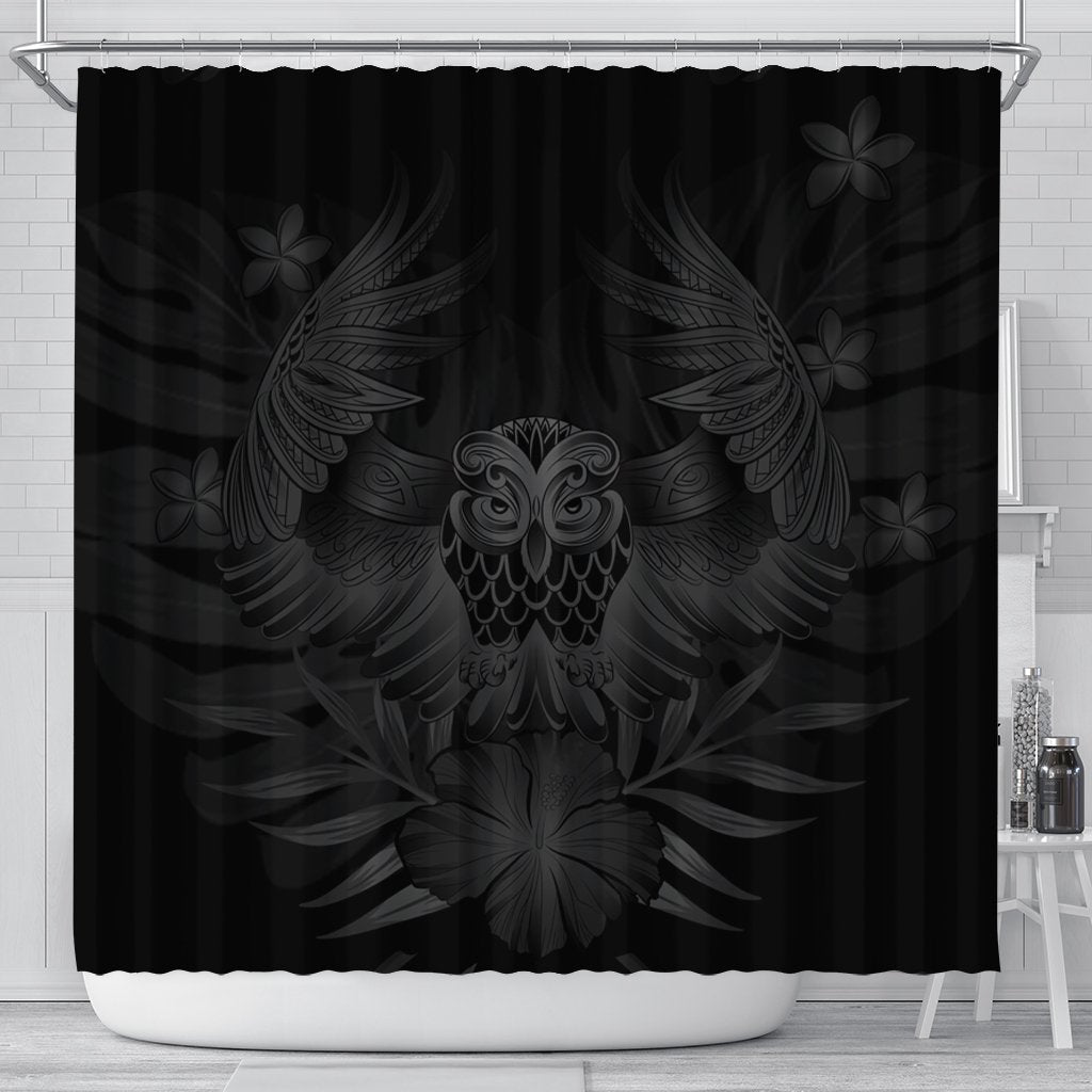 Hawaiian Owl Hibiscus Plumeria Polynesian Shower Curtain - Gray - AH 177 x 172 (cm) Black - Polynesian Pride