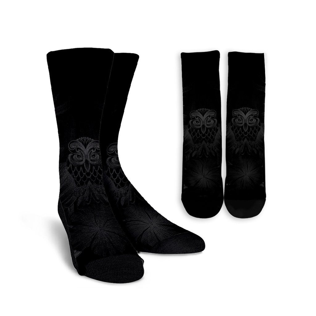 Hawaiian Owl Hibiscus Plumeria Polynesian Crew Socks - Gray - AH Crew Socks White - Polynesian Pride