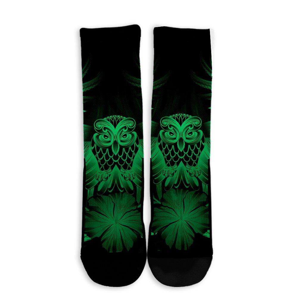 Hawaiian Owl Hibiscus Plumeria Polynesian Crew Socks - Green - AH - Polynesian Pride