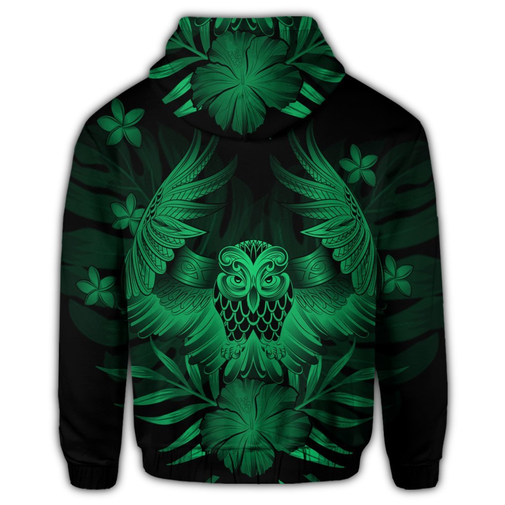 Hawaiian Owl Hibiscus Plumeria Polynesian Hoodie Green - Polynesian Pride