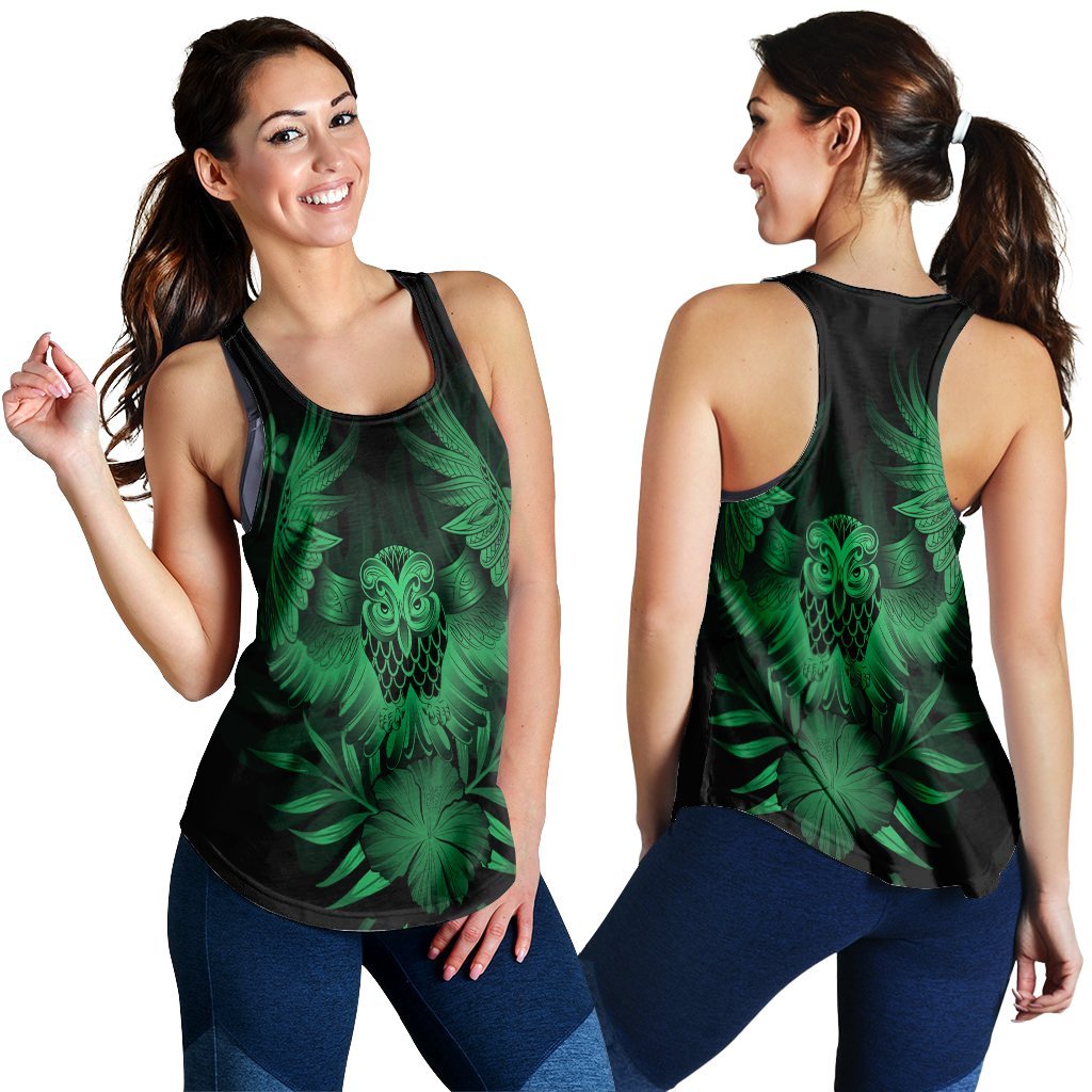 Hawaiian Owl Hibiscus Plumeria Polynesian Racerback Tank - Green - AH Black - Polynesian Pride