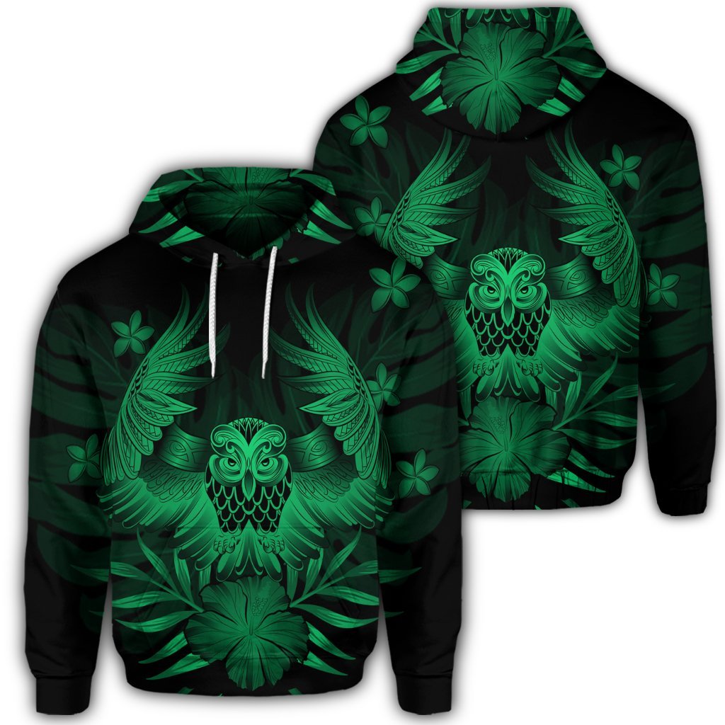 Hawaiian Owl Hibiscus Plumeria Polynesian Hoodie Green Unisex Art - Polynesian Pride