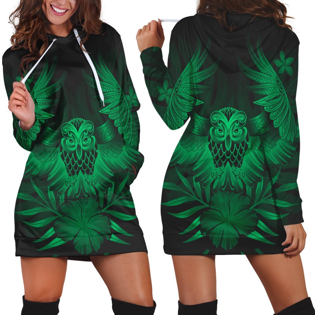 Hawaiian Owl Hibiscus Plumeria Polynesian Hoodie Dress - Green - AH Black - Polynesian Pride