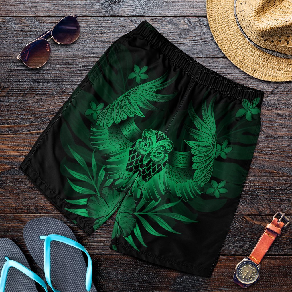 Hawaiian Owl Hibiscus Plumeria Polynesian Men's Shorts - Green - AH Art - Polynesian Pride