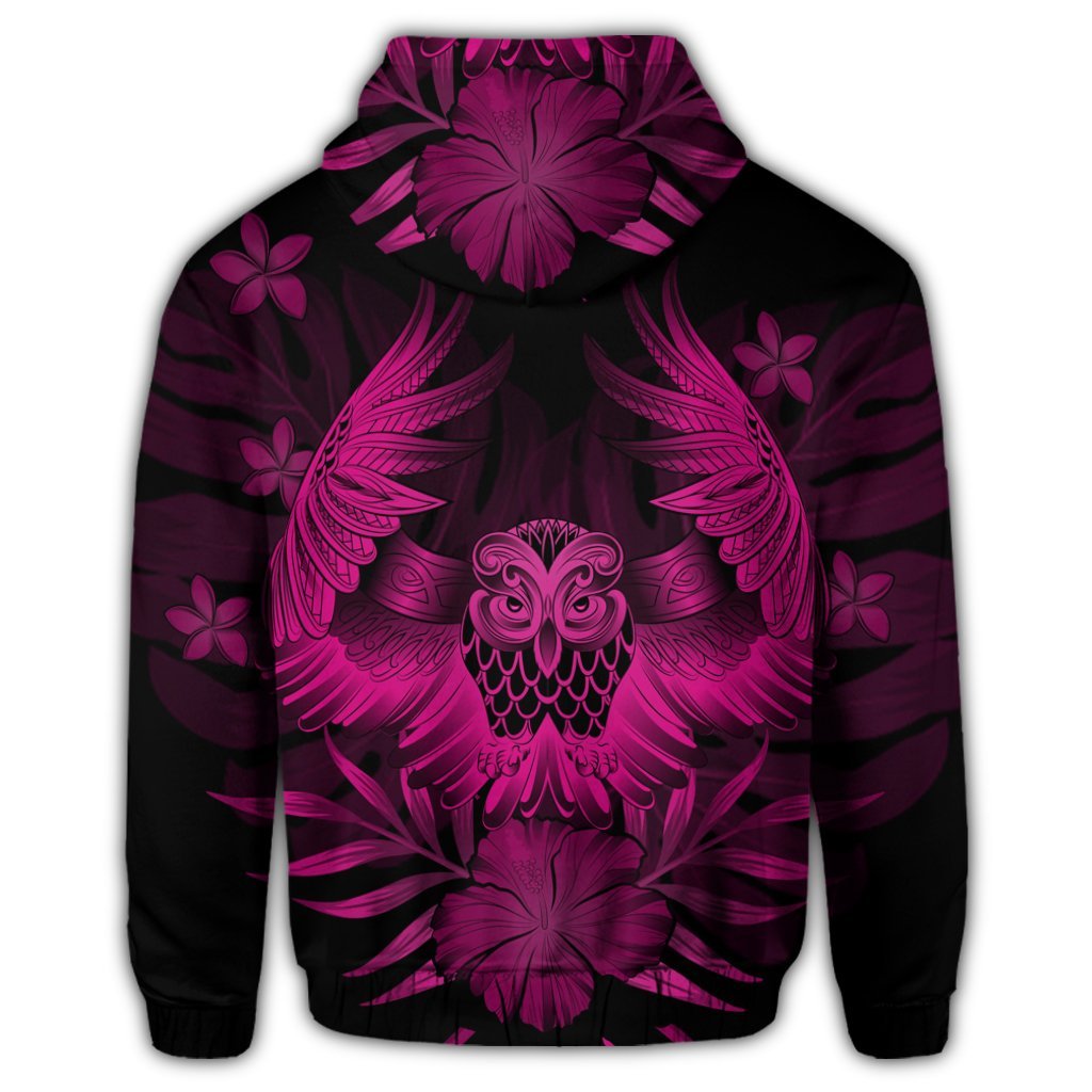 Hawaiian Owl Hibiscus Plumeria Polynesian Hoodie Pink - Polynesian Pride