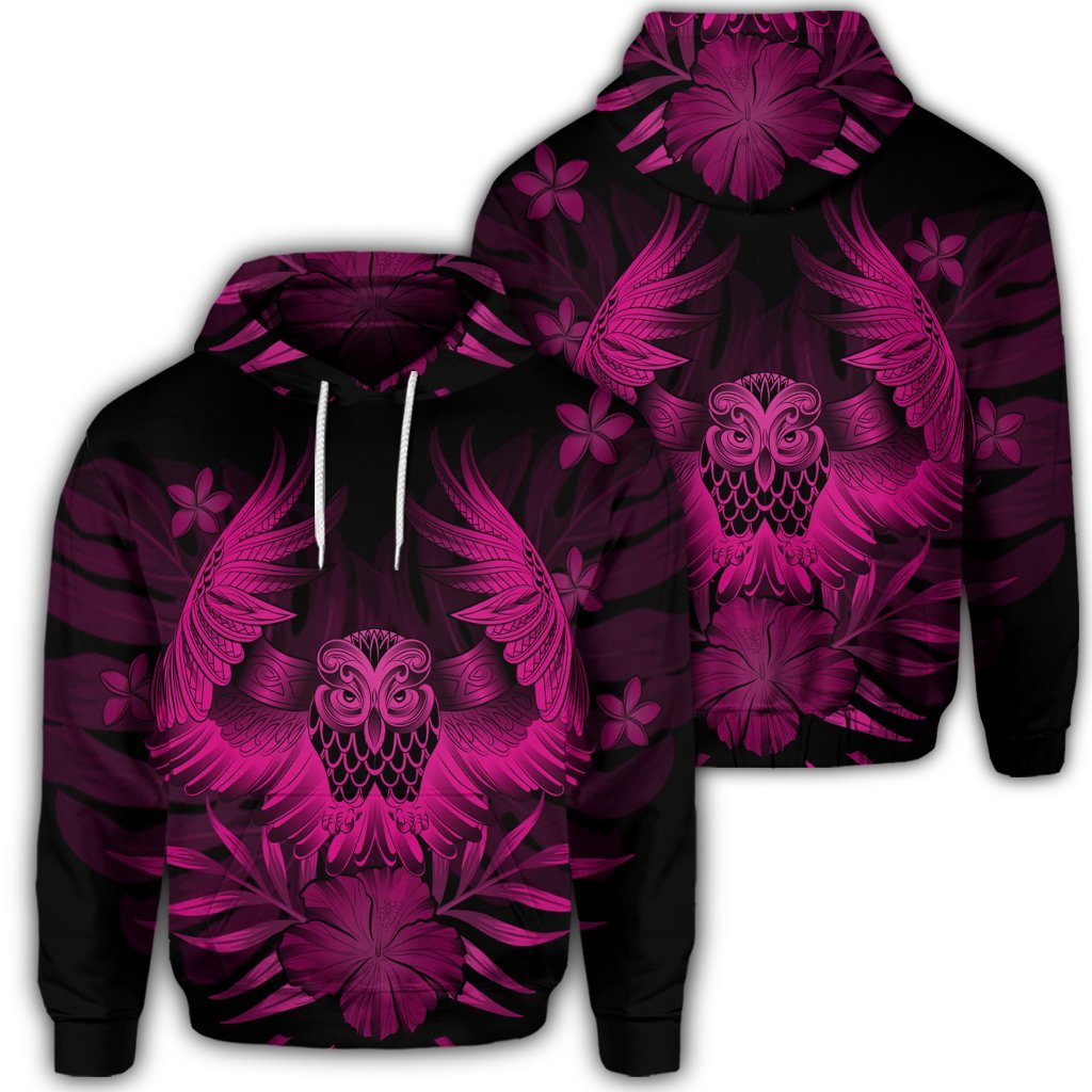 Hawaiian Owl Hibiscus Plumeria Polynesian Hoodie Pink Unisex Art - Polynesian Pride