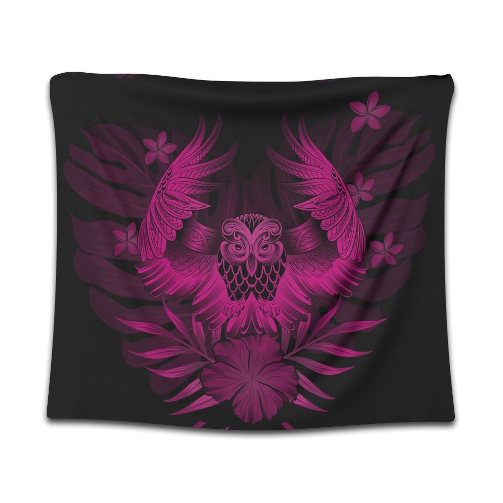 Hawaiian Owl Hibiscus Plumeria Polynesian Tapestry - Pink - AH Wall Tapestry Black - Polynesian Pride