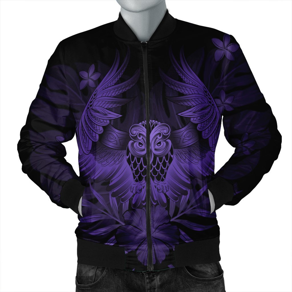 Hawaiian Owl Hibiscus Plumeria Polynesian Bomber Jacket - Purple - AH Black Unisex - Polynesian Pride