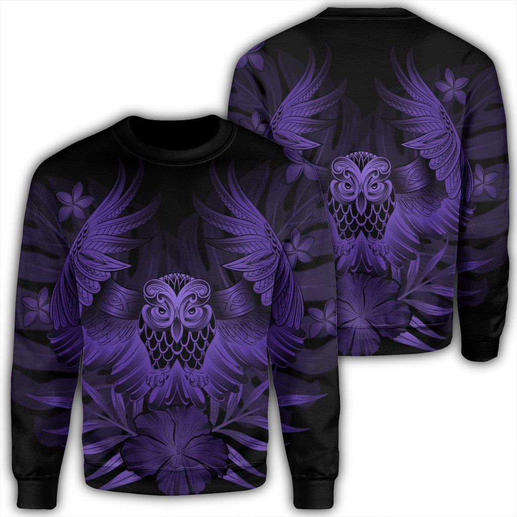 Hawaiian Owl Hibiscus Plumeria Polynesian Sweatshirt - Purple - AH Unisex Black - Polynesian Pride
