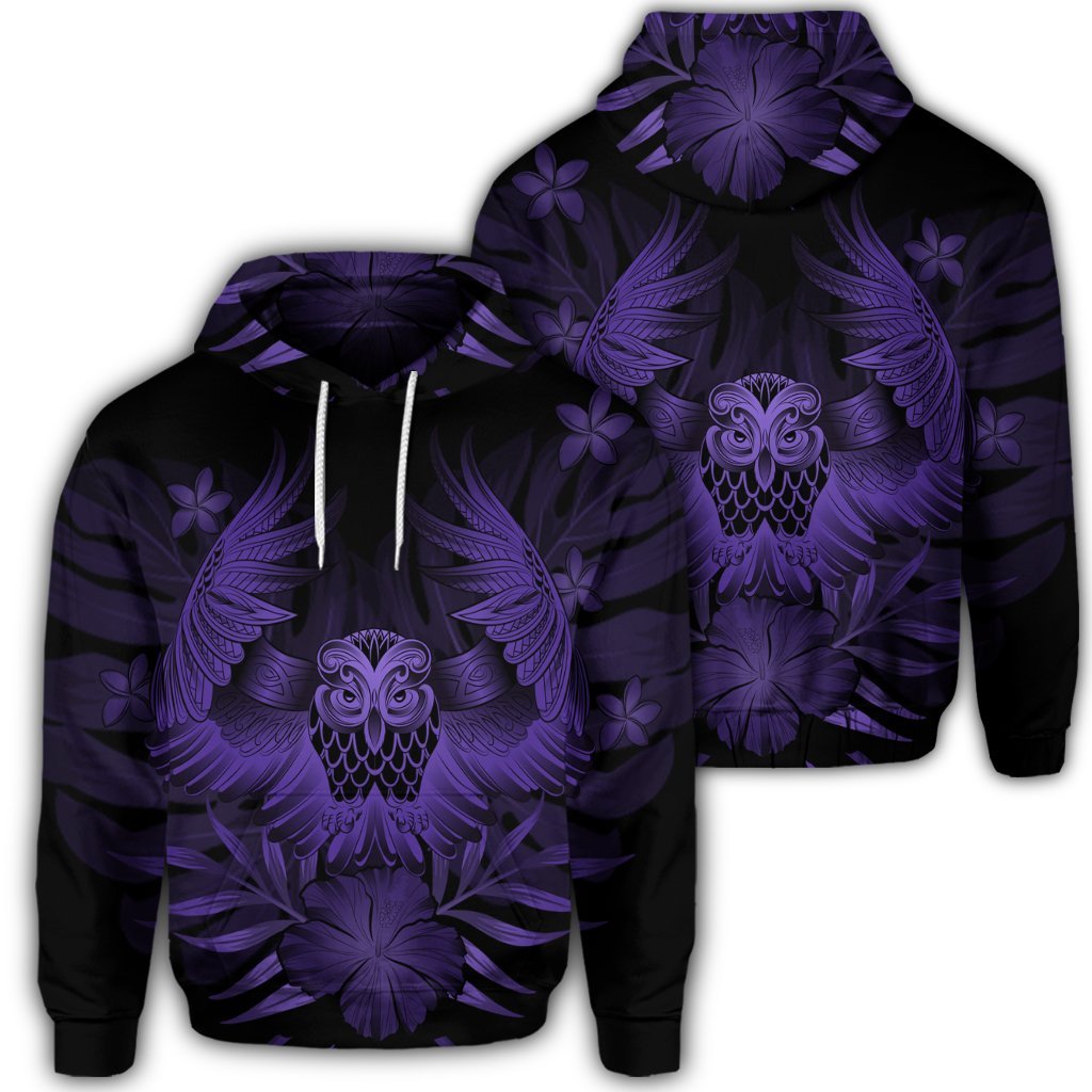 Hawaiian Owl Hibiscus Plumeria Polynesian Hoodie Purple Unisex Art - Polynesian Pride