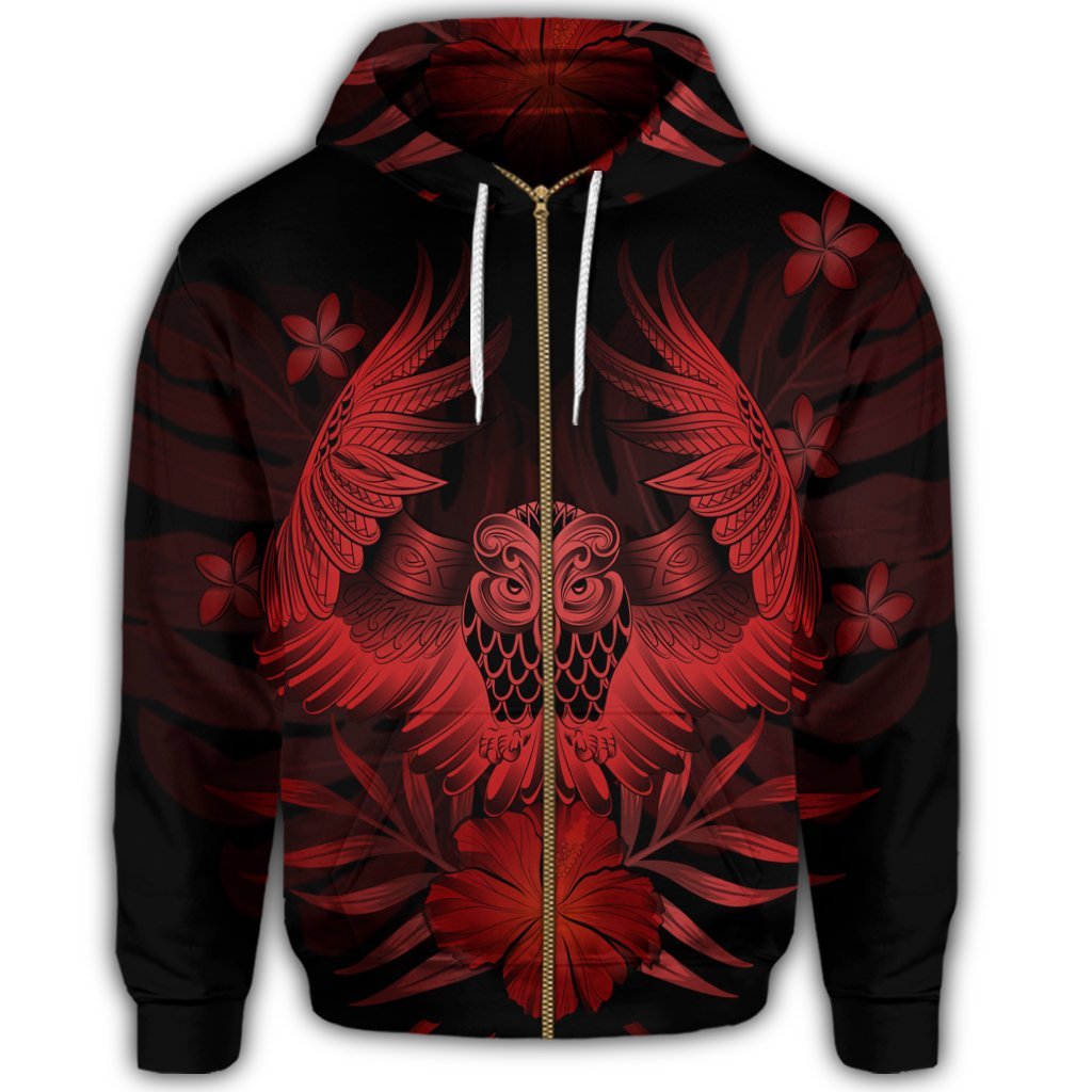 Hawaiian Owl Hibiscus Plumeria Polynesian Zip Hoodie Red - Polynesian Pride