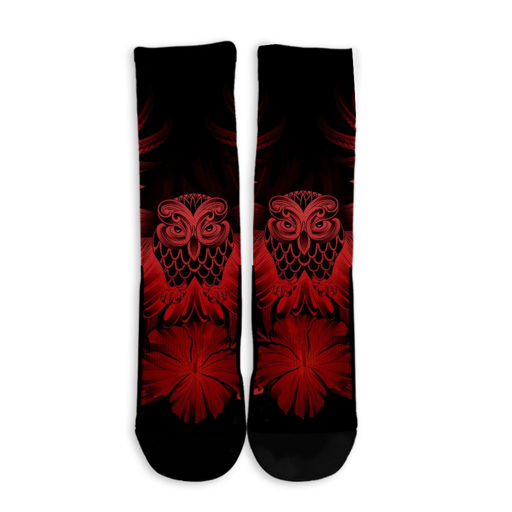 Hawaiian Owl Hibiscus Plumeria Polynesian Crew Socks - Red - AH - Polynesian Pride