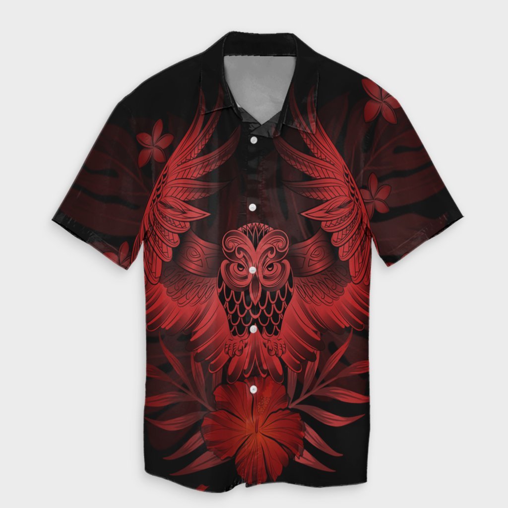 Hawaiian Owl Hibiscus Plumeria Polynesian Hawaiian Shirt - Red - AH Unisex Black - Polynesian Pride