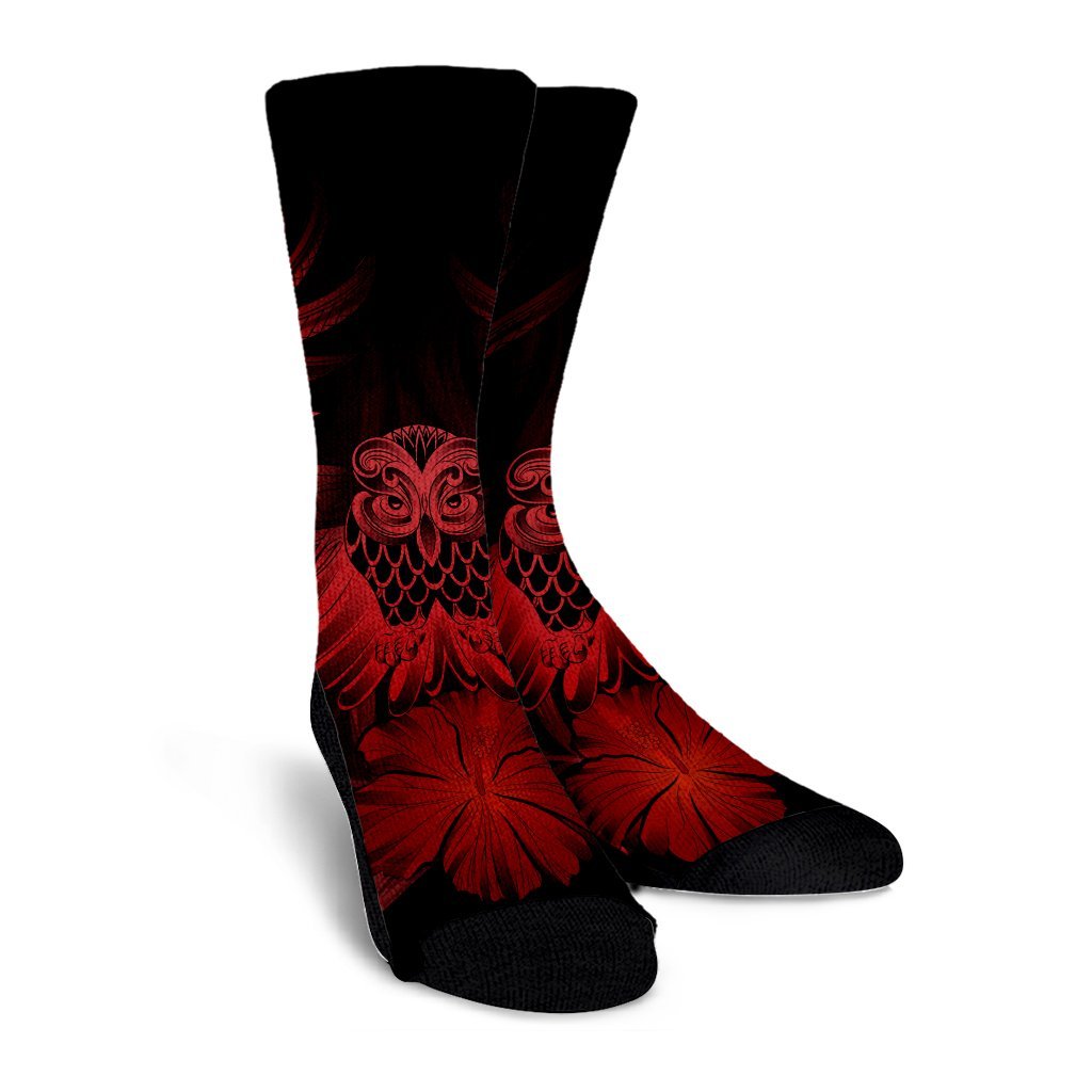 Hawaiian Owl Hibiscus Plumeria Polynesian Crew Socks - Red - AH - Polynesian Pride