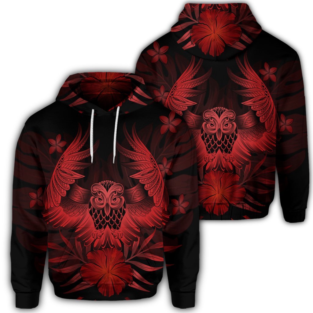 Hawaiian Owl Hibiscus Plumeria Polynesian Hoodie Red Unisex Art - Polynesian Pride