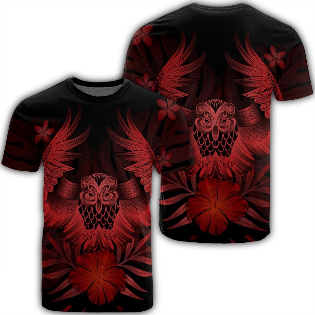 Hawaiian Owl Hibiscus Plumeria Polynesian T Shirt Red AH Unisex Black - Polynesian Pride