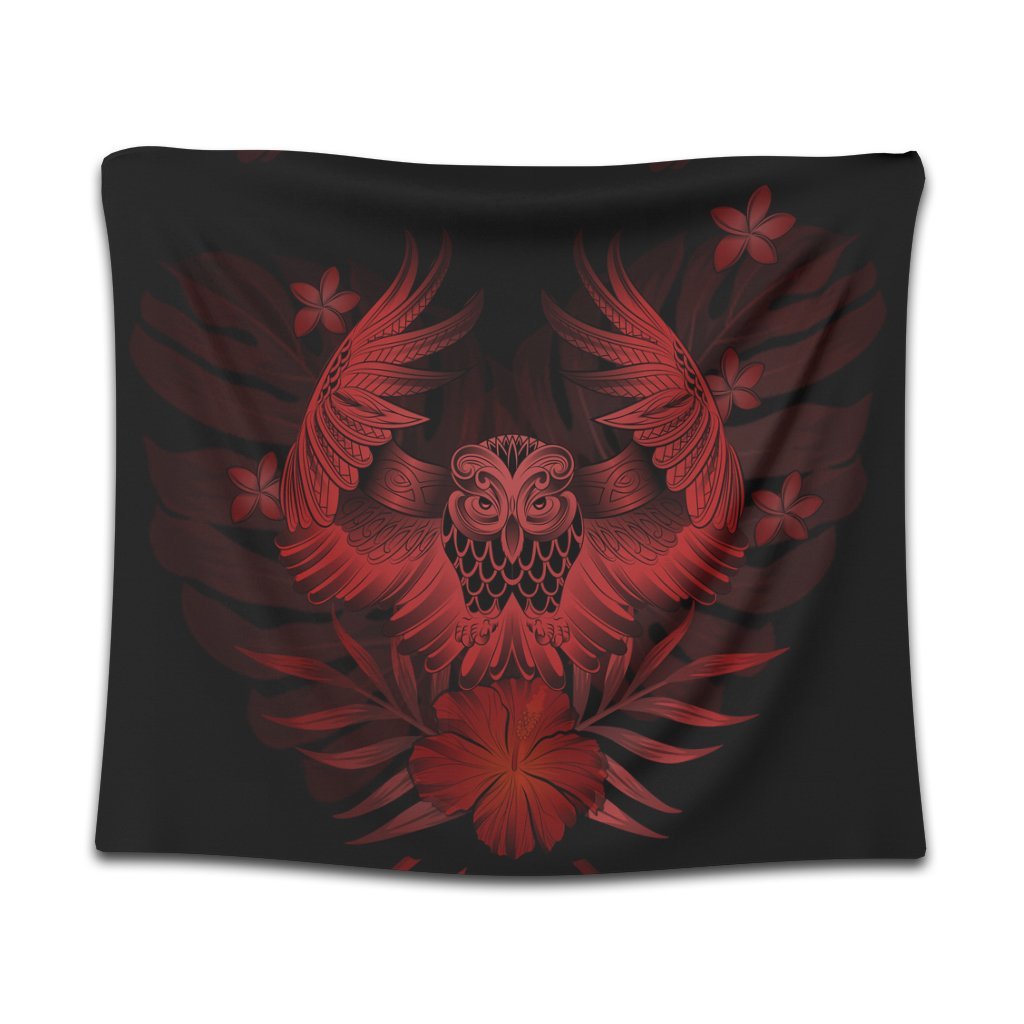 Hawaiian Owl Hibiscus Plumeria Polynesian Tapestry - Red - AH Wall Tapestry Black - Polynesian Pride