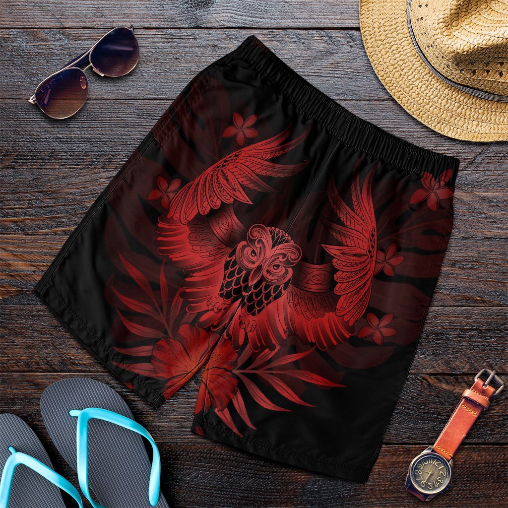 Hawaiian Owl Hibiscus Plumeria Polynesian Men's Shorts - Red - AH Art - Polynesian Pride