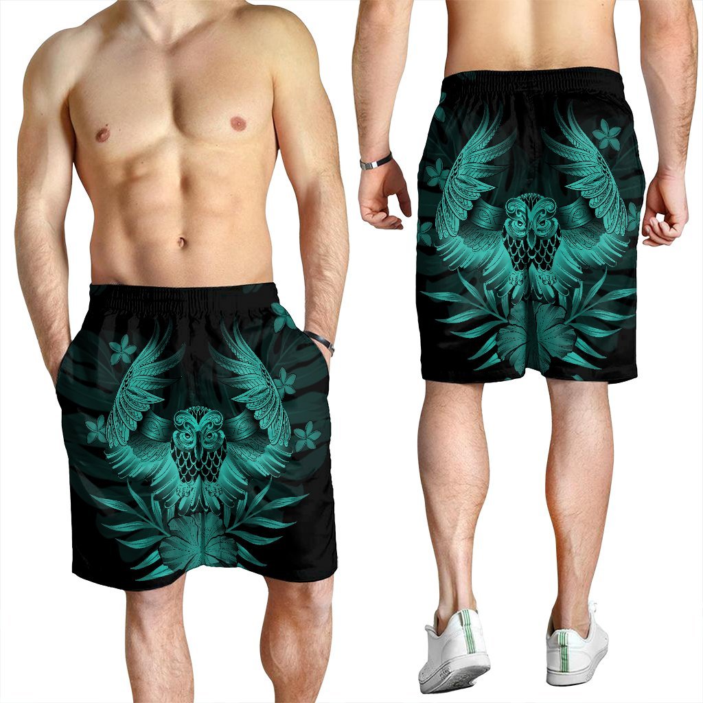 Hawaiian Owl Hibiscus Plumeria Polynesian Men's Shorts - Turquoise - AH - Polynesian Pride