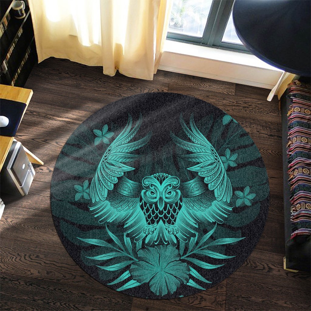 Hawaiian Owl Hibiscus Plumeria Polynesian Round Carpet - Turquoise - AH - Polynesian Pride