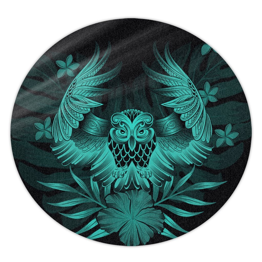 Hawaiian Owl Hibiscus Plumeria Polynesian Round Carpet - Turquoise - AH Round Carpet Luxurious Plush - Polynesian Pride