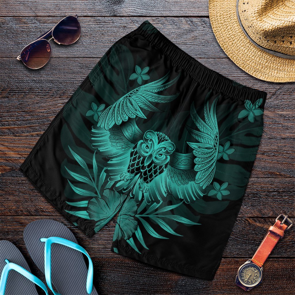 Hawaiian Owl Hibiscus Plumeria Polynesian Men's Shorts - Turquoise - AH Art - Polynesian Pride