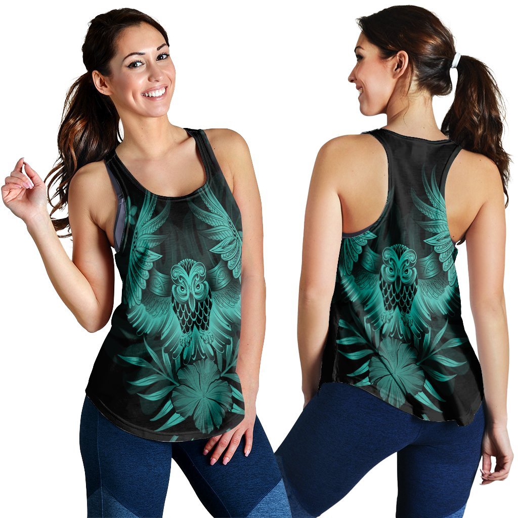 Hawaiian Owl Hibiscus Plumeria Polynesian Racerback Tank - Turquoise - AH Black - Polynesian Pride