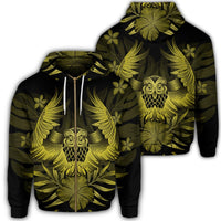 Hawaiian Owl Hibiscus Plumeria Polynesian Zip Hoodie Yellow Unisex Art - Polynesian Pride