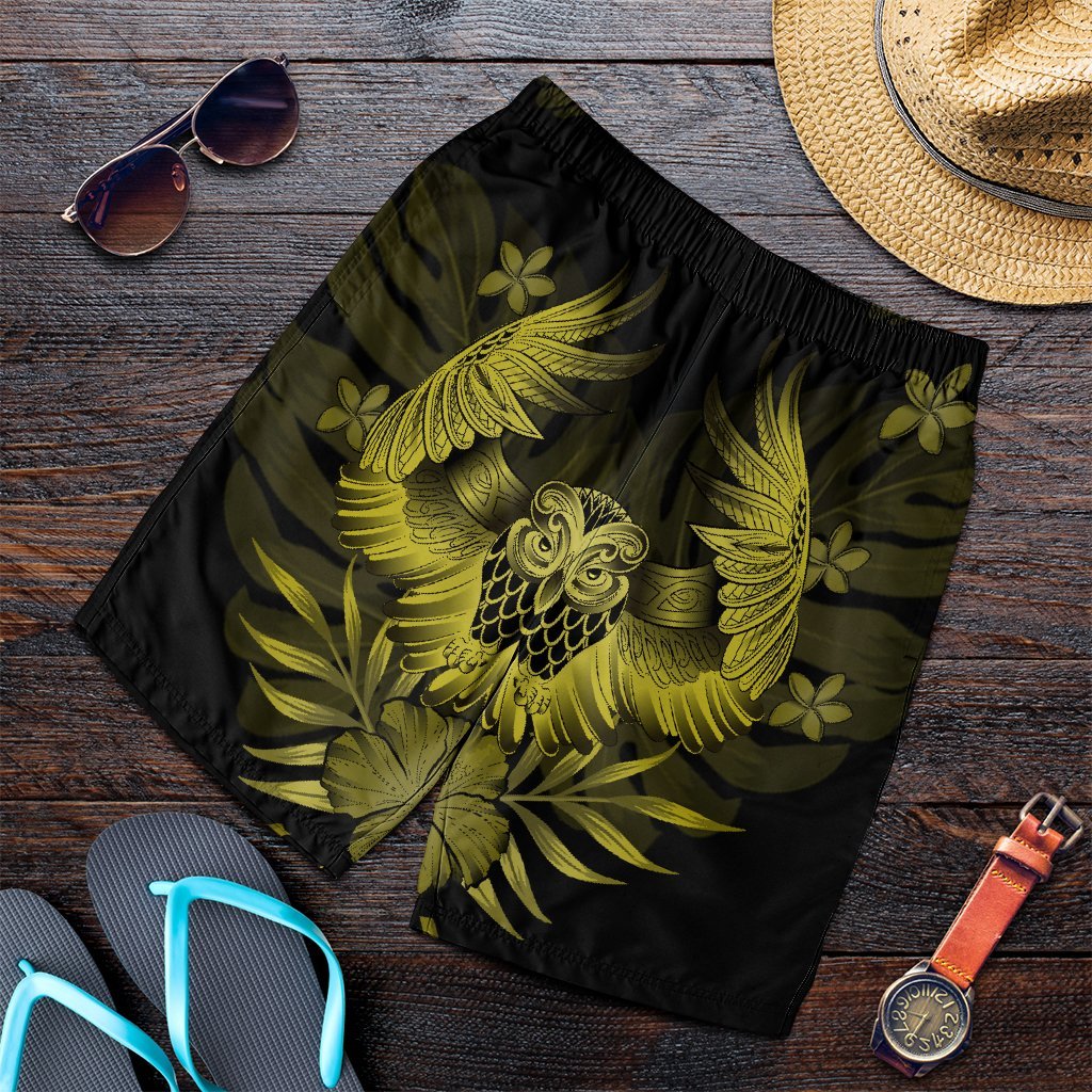 Hawaiian Owl Hibiscus Plumeria Polynesian Men's Shorts - Yellow - AH Art - Polynesian Pride