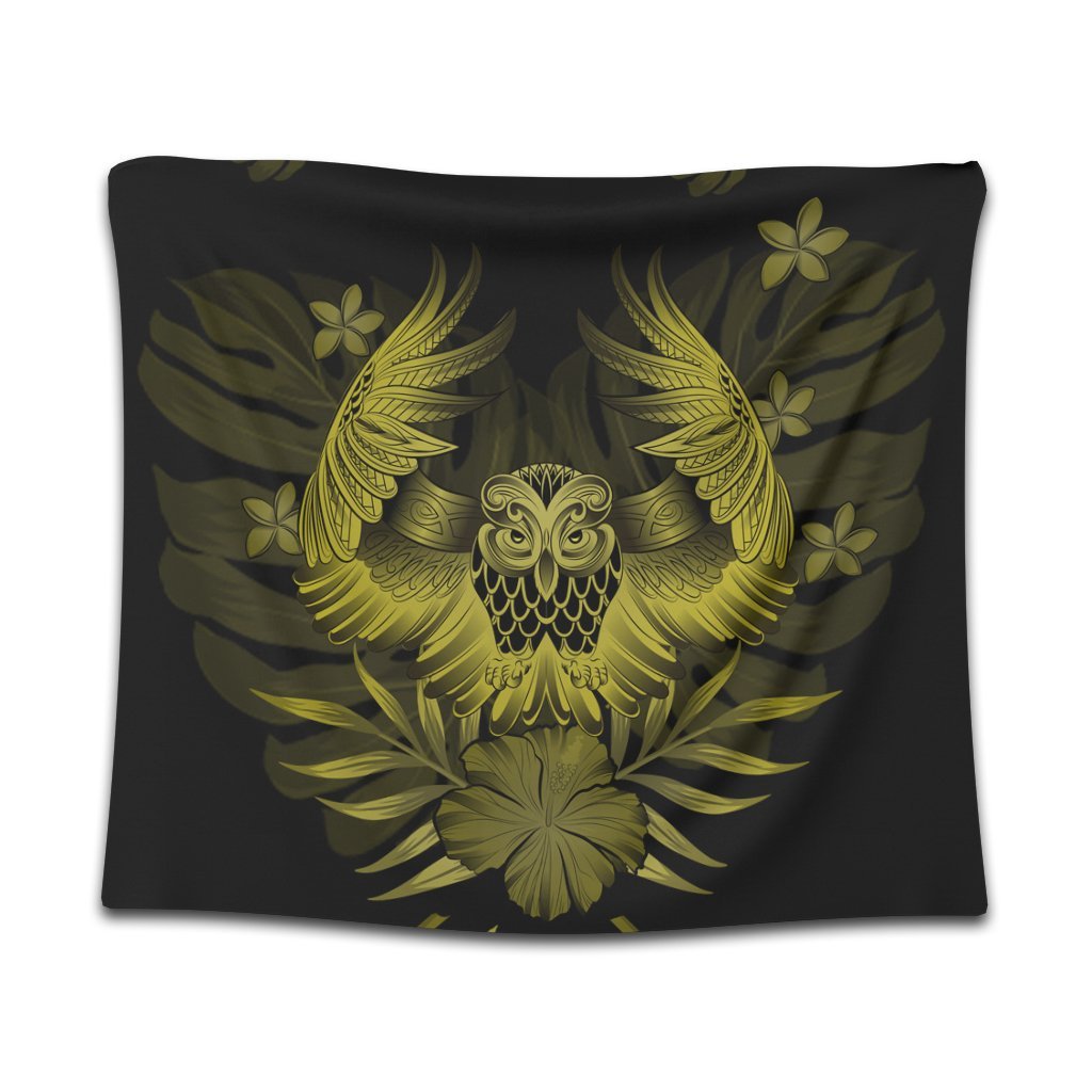 Hawaiian Owl Hibiscus Plumeria Polynesian Tapestry - Yellow - AH Wall Tapestry Black - Polynesian Pride