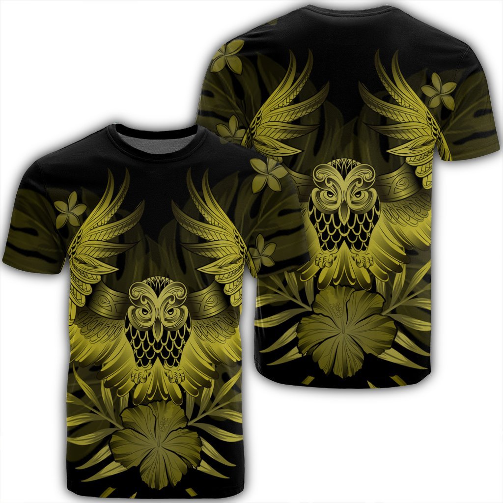 Hawaiian Owl Hibiscus Plumeria Polynesian T Shirt Yellow AH Unisex Black - Polynesian Pride