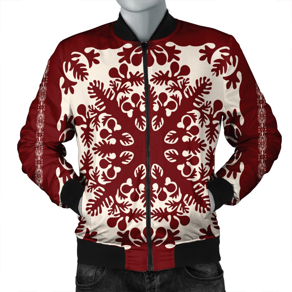 Hawaiian Palm Tree Quilt Tradition Red Bomber Jacket - AH Black Unisex - Polynesian Pride