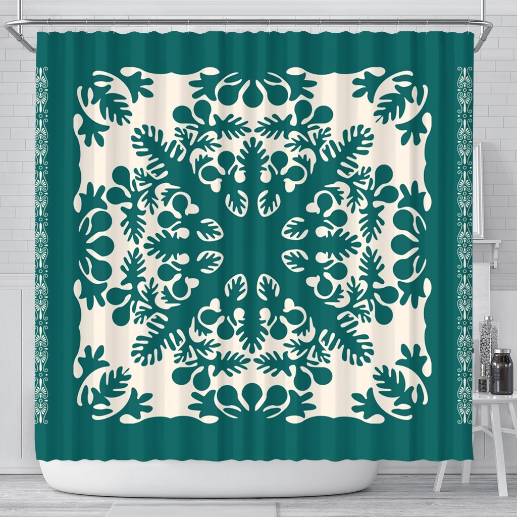 Hawaiian Palm Tree Quilt Tradition Turquoise Shower Curtain - AH 177 x 172 (cm) Black - Polynesian Pride