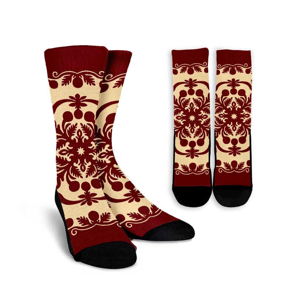 Hawaiian Palm Tree Quilt Vintage Crew Socks - AH Crew Socks White - Polynesian Pride