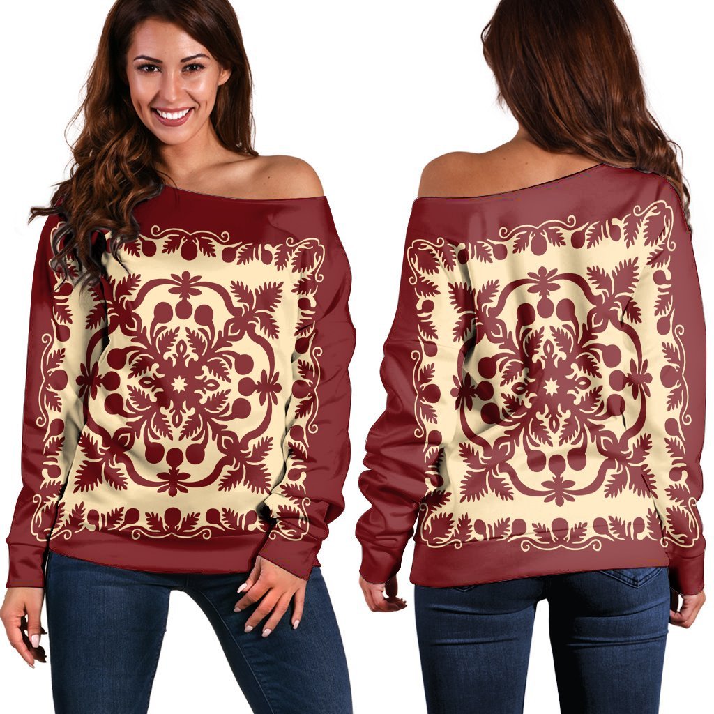 Hawaiian Palm Tree Quilt Vintage Women's Off Shoulder Sweater - AH Black - Polynesian Pride