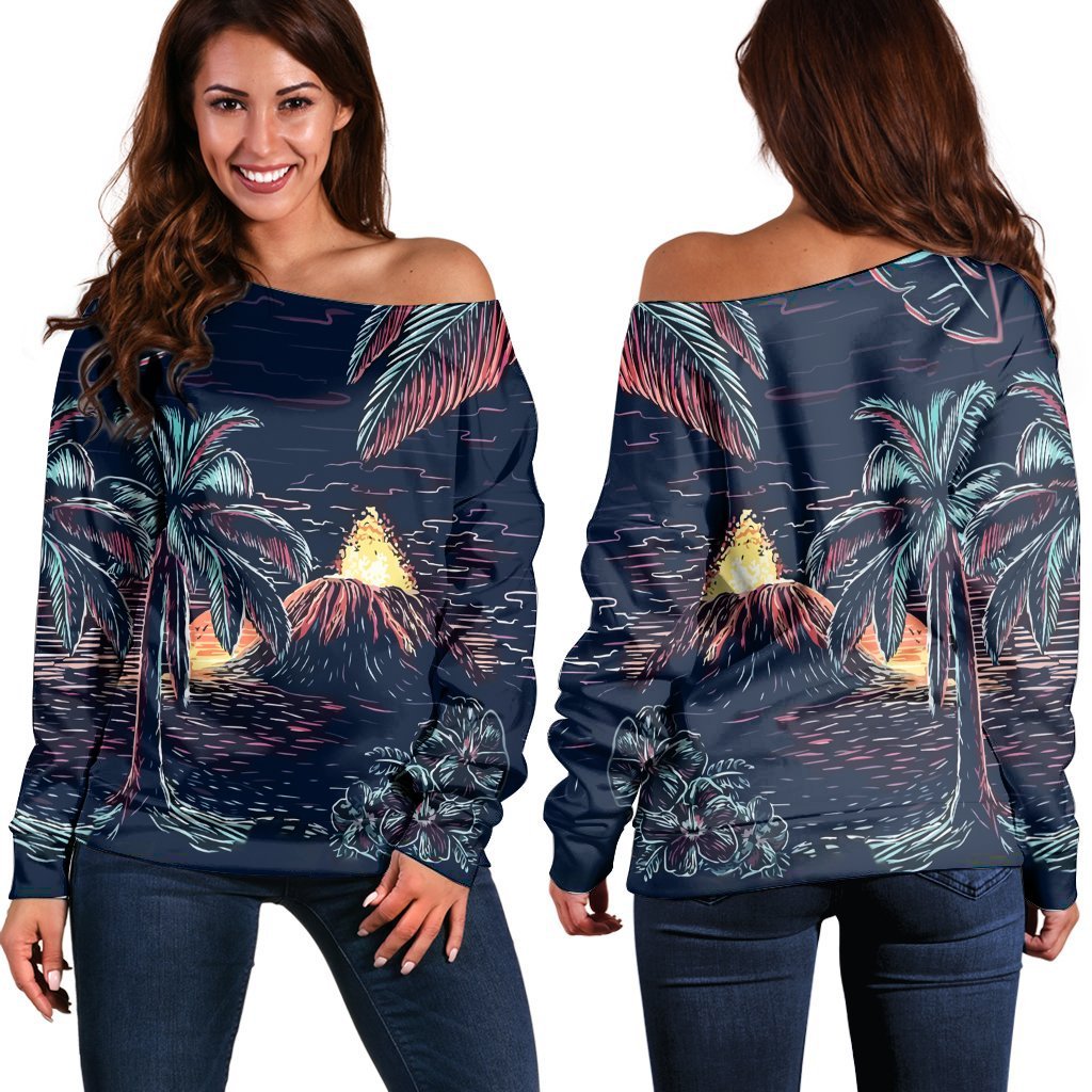 Hawaiian Palm Tree Volcano Night On The Land Women's Off Shoulder Sweater - AH Black - Polynesian Pride