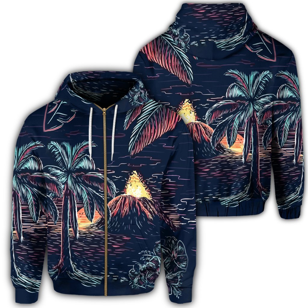 Hawaiian Palm Tree Volcano Night On The Land Zip Hoodie Unisex Art - Polynesian Pride