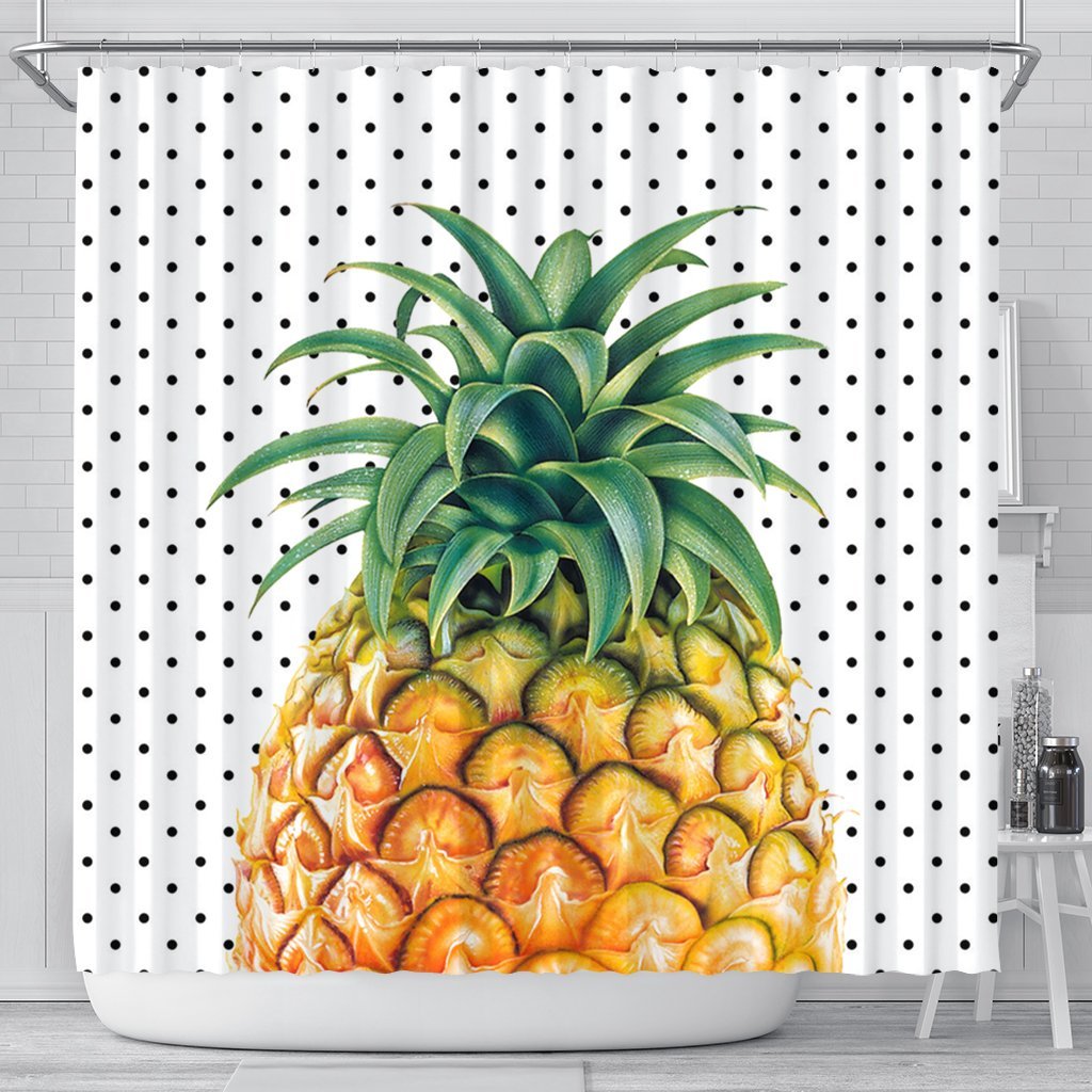 Hawaiian Pineapple Polka Dots Background Polynesian Shower Curtain - AH 177 x 172 (cm) Black - Polynesian Pride