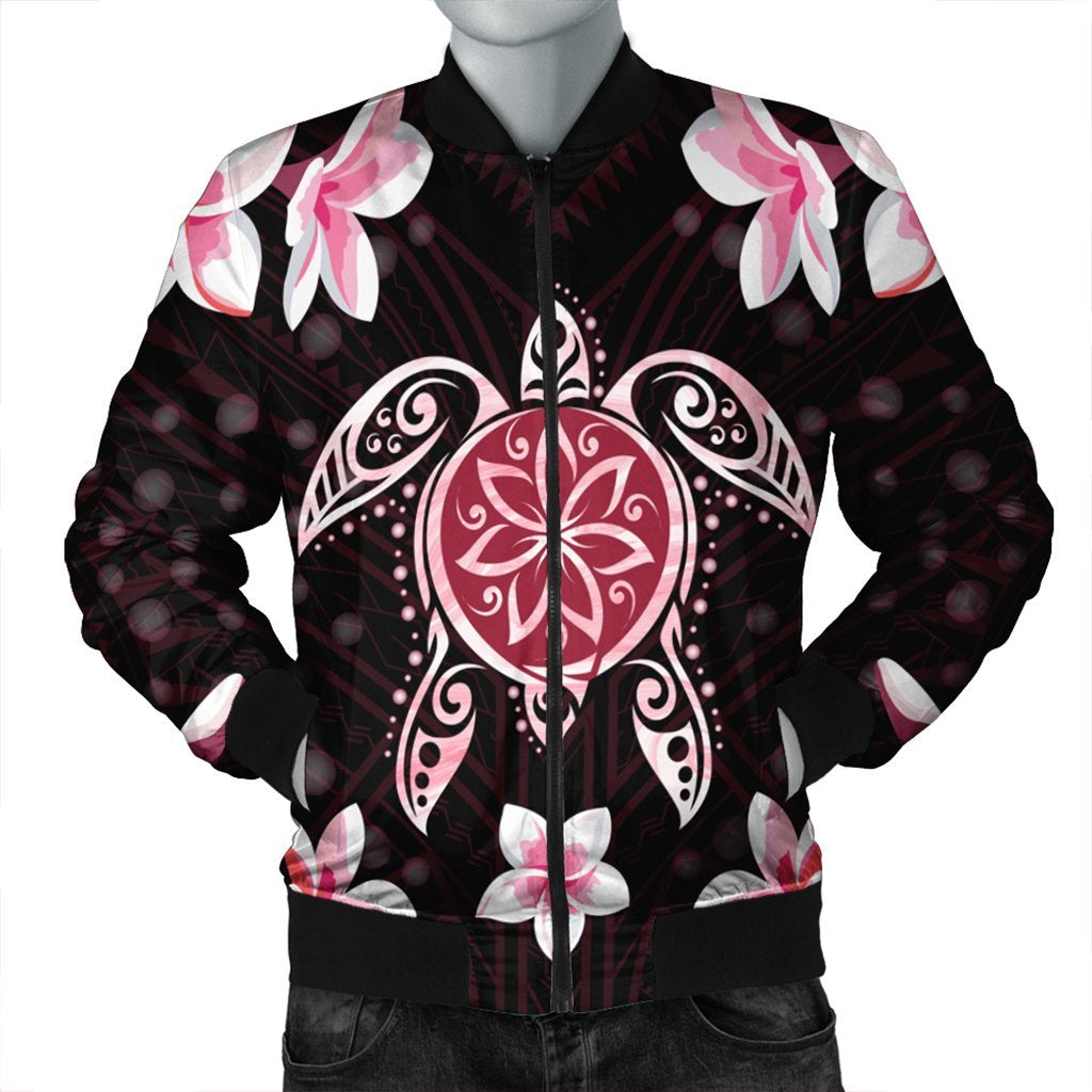 Hawaiian Pinky Turtle Plumeria Bomber Jacket AH Black Unisex - Polynesian Pride