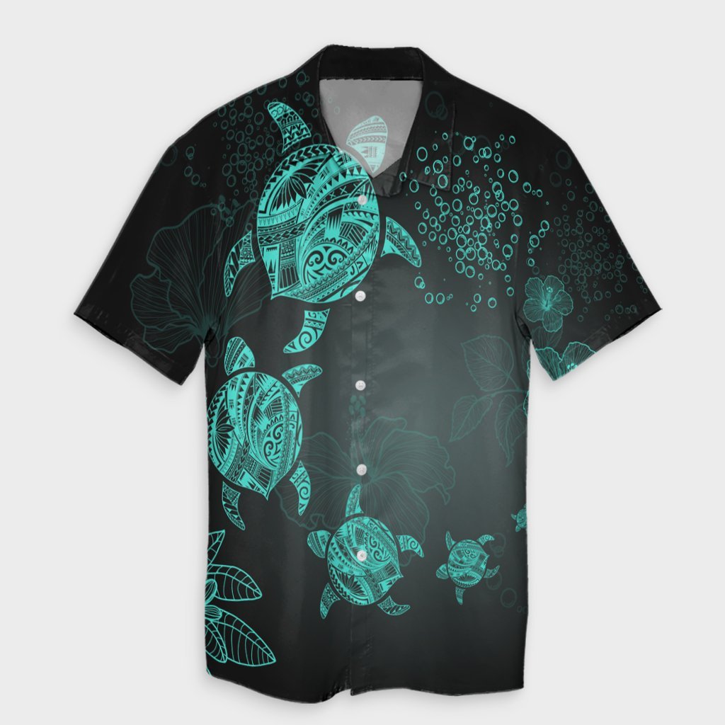 Hawaiian Plumeria Hibiscus Turtle Under Sea Polynesian Hawaiian Shirt Blue AH Unisex Black - Polynesian Pride