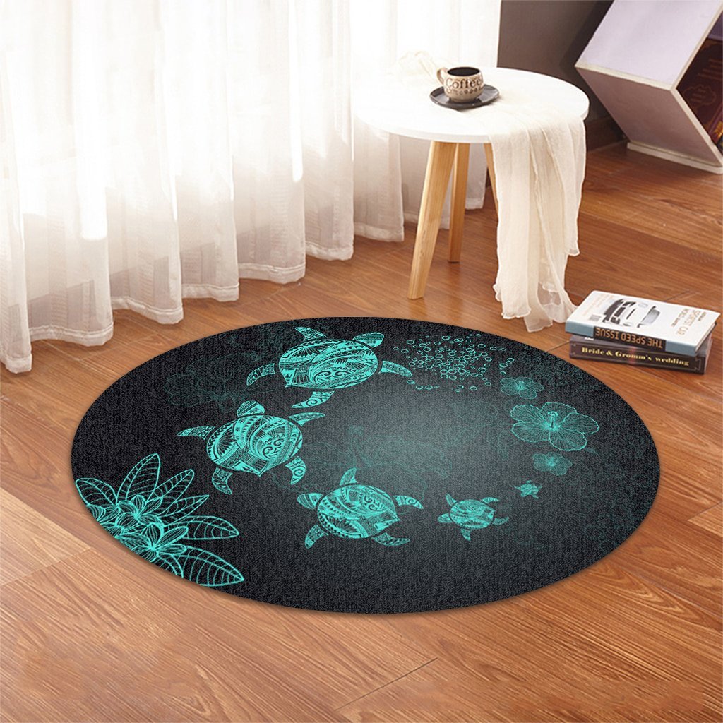 Hawaiian Plumeria Hibiscus Turtle Under Sea Polynesian Round Carpet Blue AH - Polynesian Pride