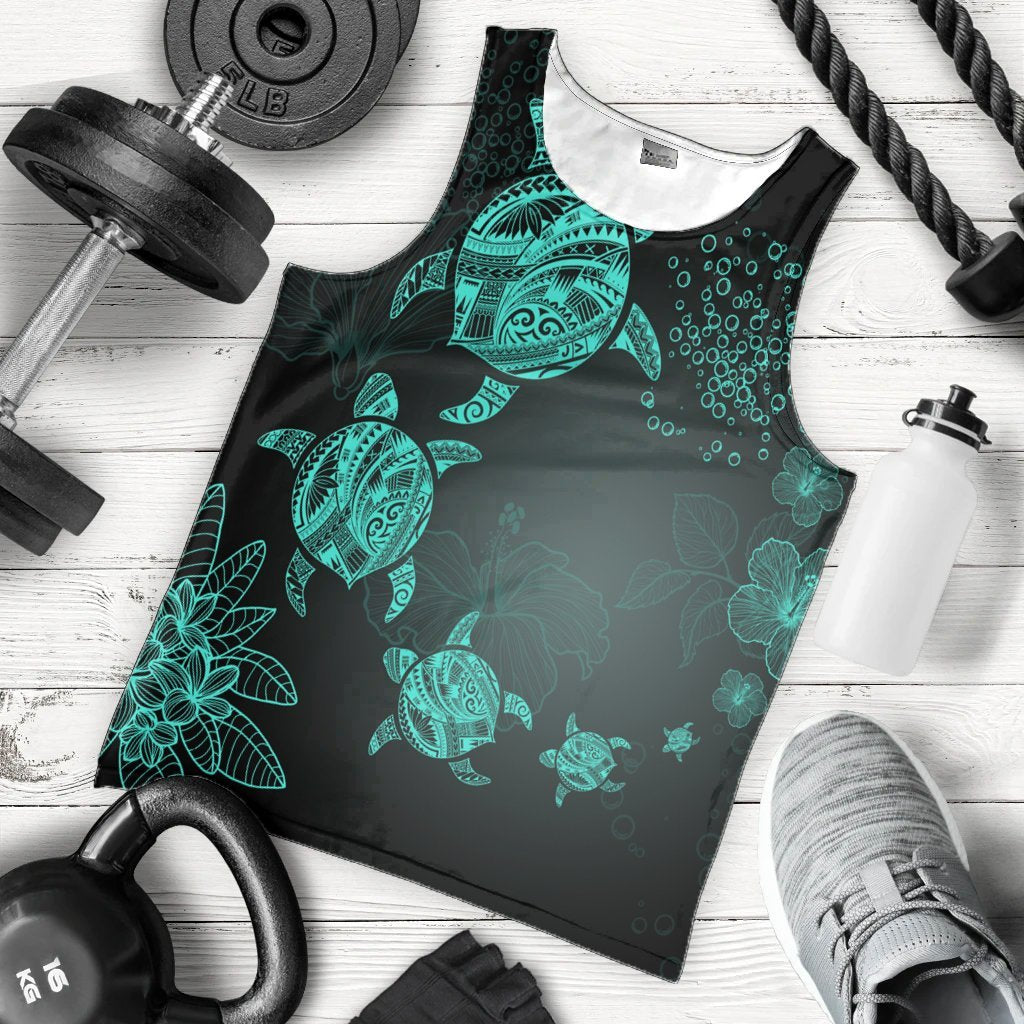 Hawaiian Plumeria Hibiscus Turtle Under Sea Polynesian Tank Top Blue AH - Polynesian Pride
