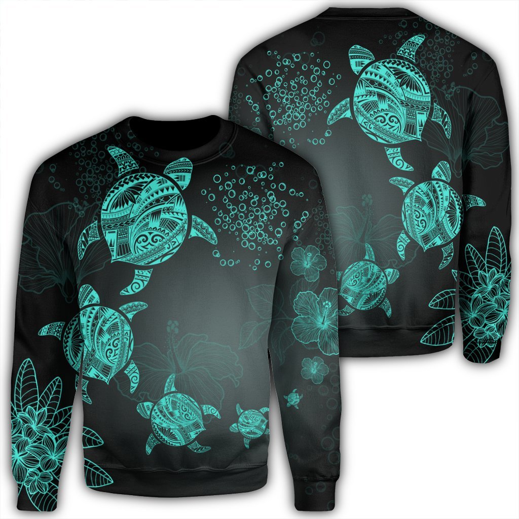 Hawaiian Plumeria Hibiscus Turtle Under Sea Polynesian Sweatshirt Blue AH Unisex Black - Polynesian Pride