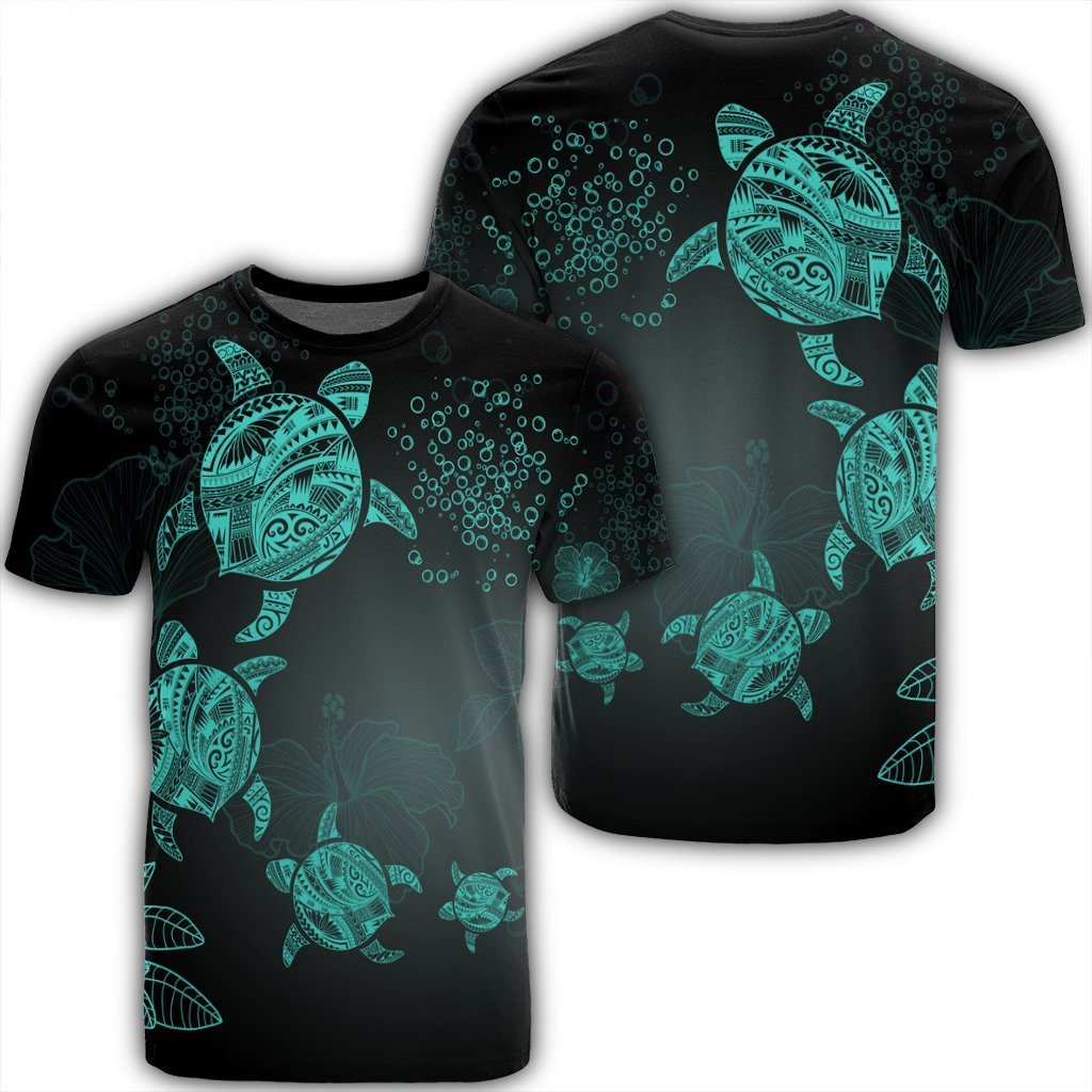 Hawaiian Plumeria Hibiscus Turtle Under Sea Polynesian T Shirt Blue AH Unisex Black - Polynesian Pride