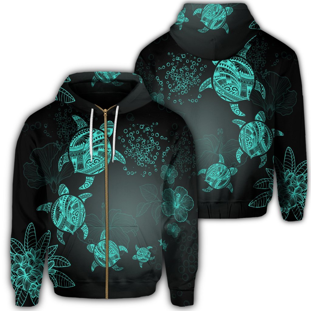 Hawaiian Plumeria Hibiscus Turtle Under Sea Polynesian Zip Hoodie Blue Unisex Art - Polynesian Pride