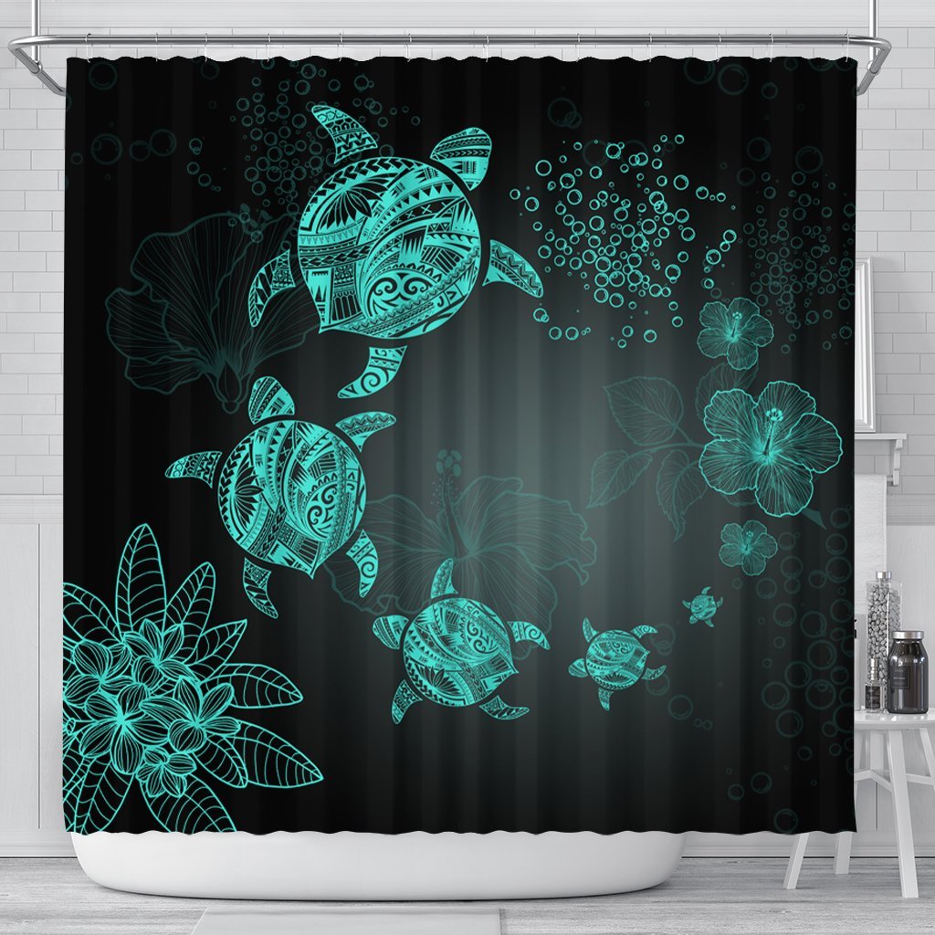 Hawaiian Plumeria Hibiscus Turtle Under Sea Polynesian Shower Curtain Blue AH 177 x 172 (cm) Black - Polynesian Pride