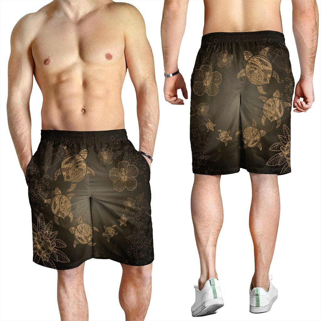 Hawaiian Plumeria Hibiscus Turtle Under Sea Polynesian Men's Shorts Gold AH - Polynesian Pride