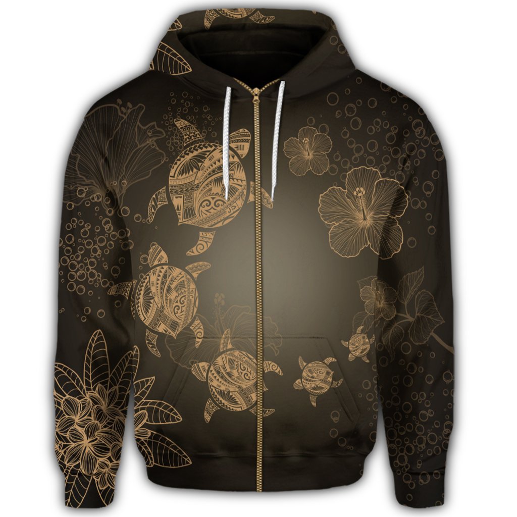 Hawaiian Plumeria Hibiscus Turtle Under Sea Polynesian Zip Hoodie Gold - Polynesian Pride