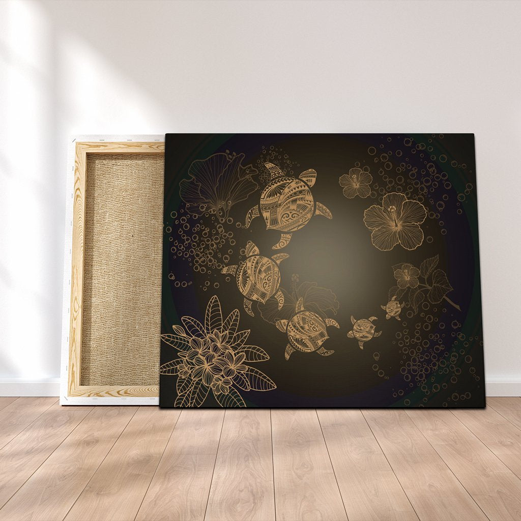 Hawaiian Plumeria Hibiscus Turtle Under Sea Polynesian Canvas Gold AH Canvas Poly-cotton - Polynesian Pride
