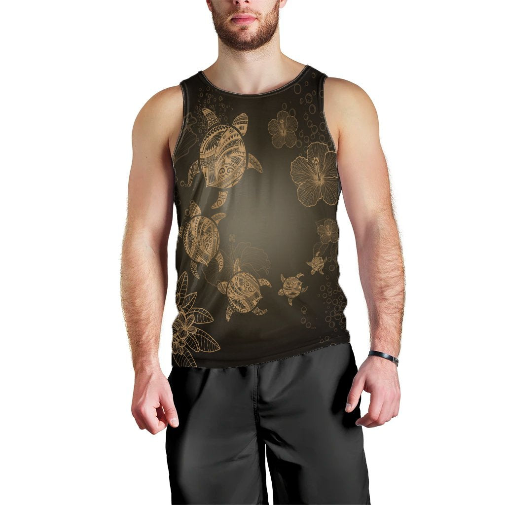 Hawaiian Plumeria Hibiscus Turtle Under Sea Polynesian Tank Top Gold AH Black - Polynesian Pride